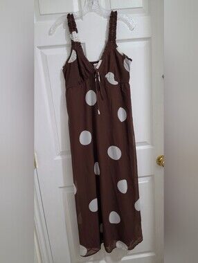 Brown Polka Dot Maxi Dress with Adjustable Tie